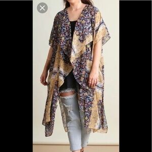 Umgee Duster Kimono Cardigan Floral Gold Boho S/M